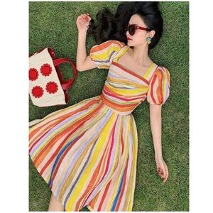Mr Water New York Vintage-Inspired Rainbow Striped Cotton Dress NWT Puff Sleeve